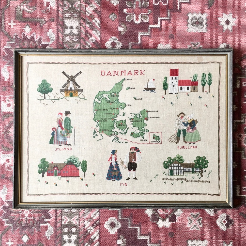 Vintage framed Denmark x-stitch sampler